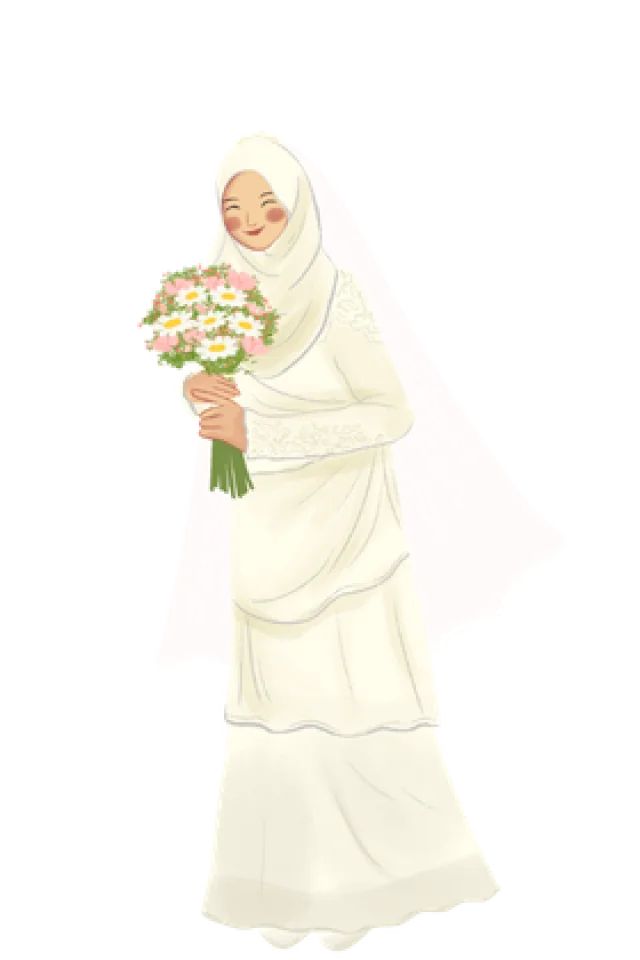 Illustrated bride in an ivory hijab and embroidered wedding dress